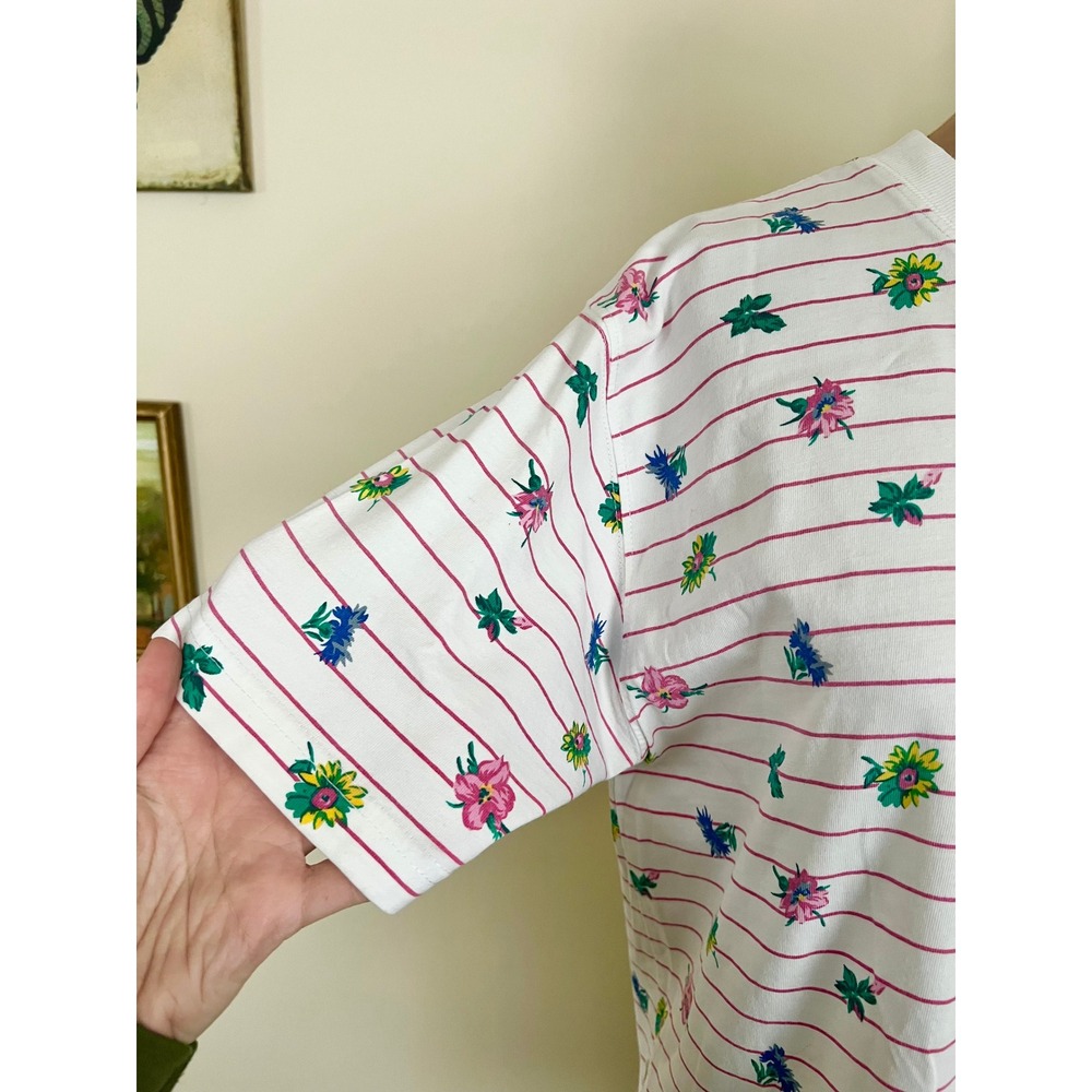 Vintage 90s Striped Floral T Shirt - Picture 2 of 6